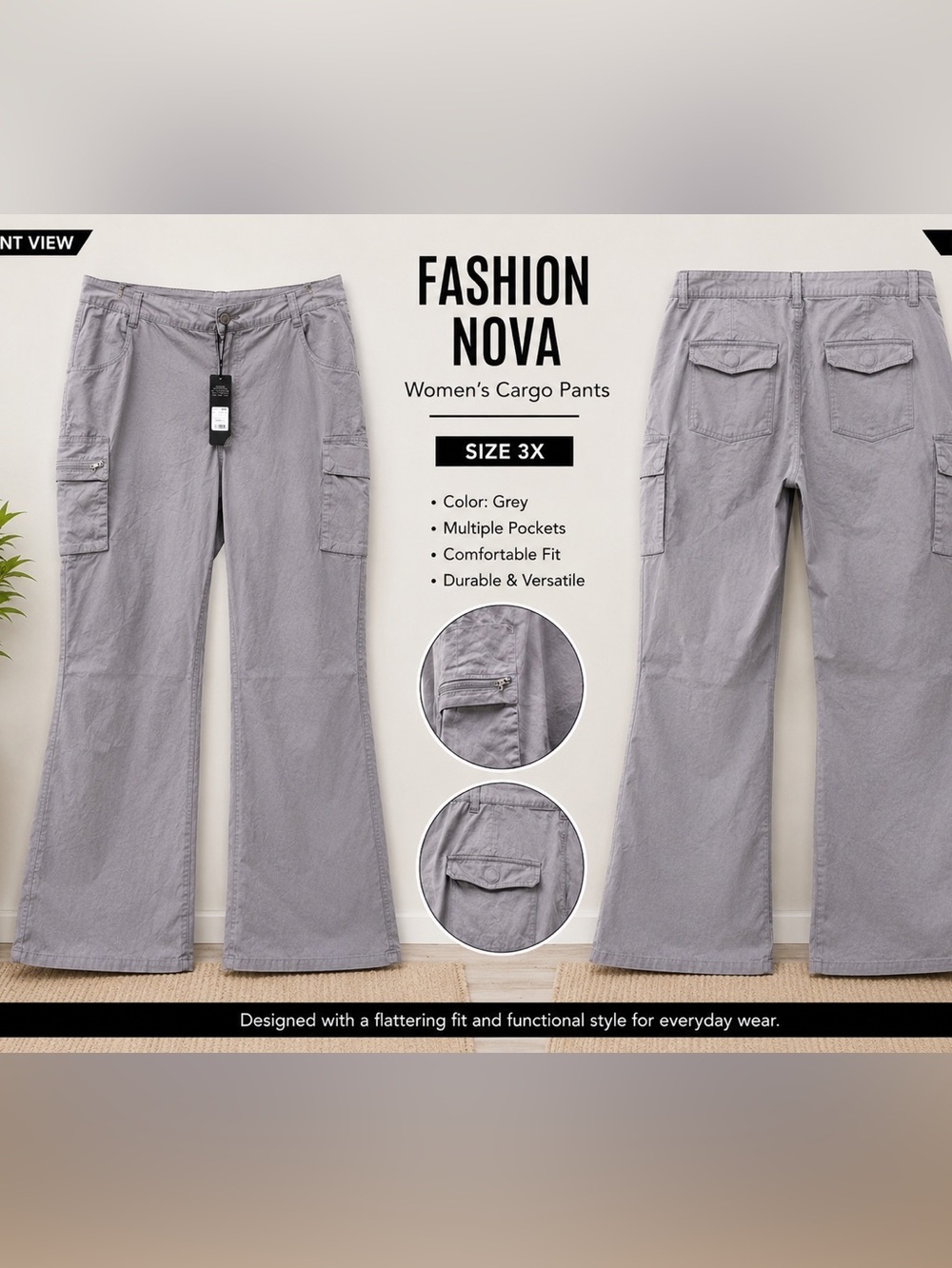 Fashion Nova She’s a Keeper Gray Cargo Pants Women’s 3X NWT Wide Leg Utility